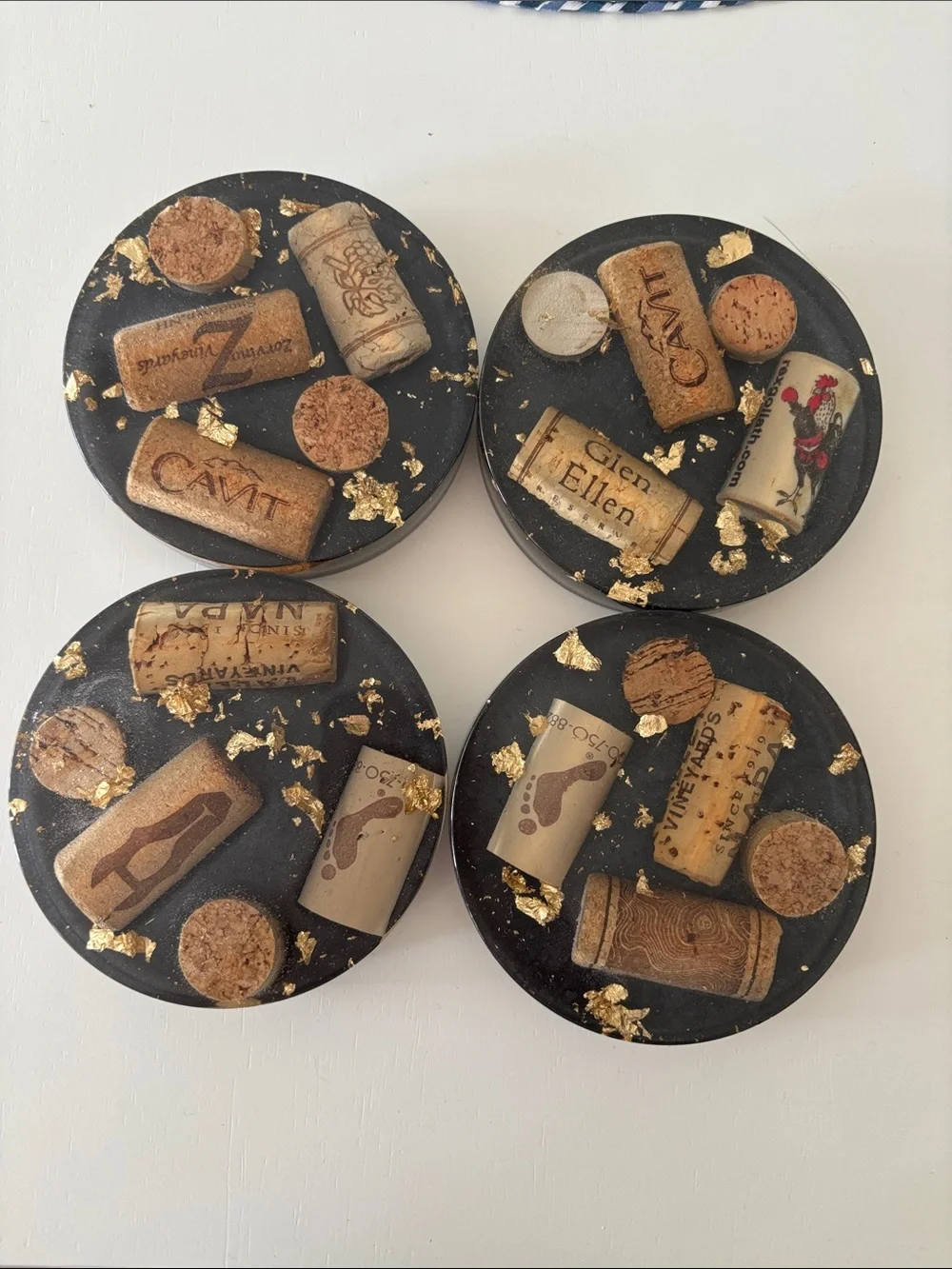 Handmade Black Resin Wine Cork Coasters with Gold Leaf - Set of 4